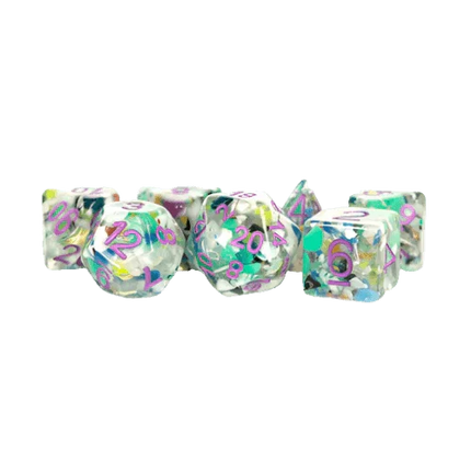 Fanroll - 16mm Resin Polyhedral Dice Set - Recycled Dice w/ Purple Numbers