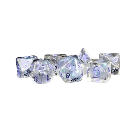 Fanroll - 16mm Resin Polyhedral Dice Set - Pearl with Purple Numbers