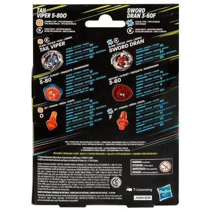 Beyblade X - Dual Pack Set - Tail Viper 5-80O and Sword Dran 3-60F