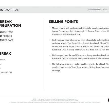 Panini - 2021/22 Mosaic Fast Break Basketball (NBA) - Hobby Box (12 Packs) - The Card Vault